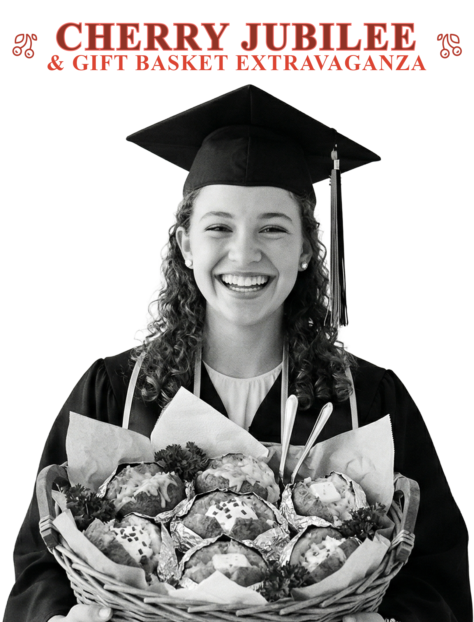 Beaumont graduate in cap and gown smiling while holding a basket of baked potatoes for the Cherry Jubilee fundraiser